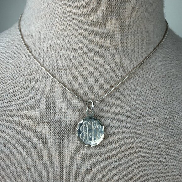 Sterling Silver Monogram Circle Pendant Snake Chain 17" - Picture 1 of 5